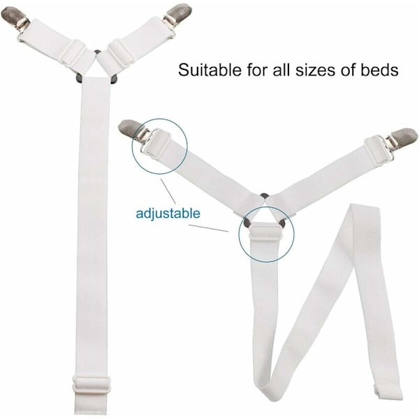 Elastisk Strammer for Sengetrekk, Justerbar 6-veis Strammeklips for Sengetrekk, Sengetrekk Klips, Justerbar Holdestropp for Alle Runde og Firkantede Madrasser (Hvit)