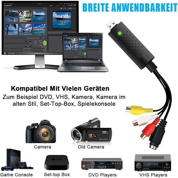USB 2.0 lyd- og videokonverter, nytt videoopptakskort programvare støtte VHS VCR DVD videoadapter for Mac Windows 10, VHS-skanning og videoredigering