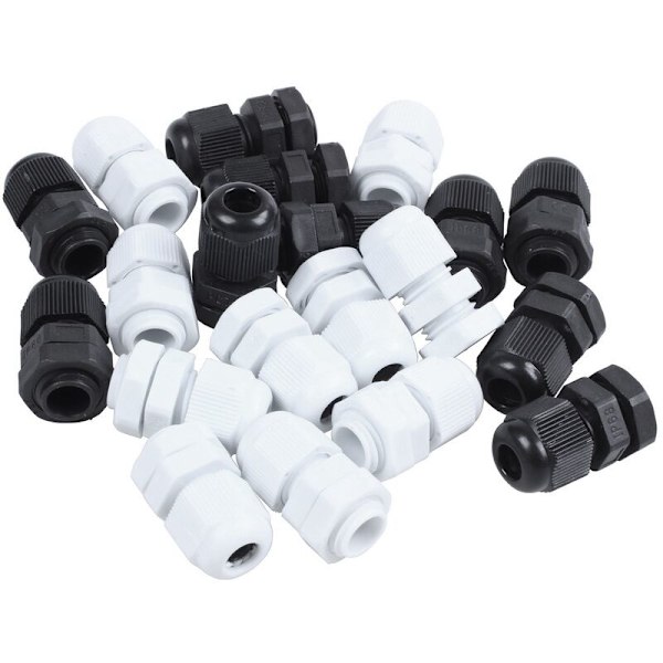 20 kpl PG7 3,5-6 mm säädettävää vedenpitävää mustaa ja valkoista kaapeliholkkia