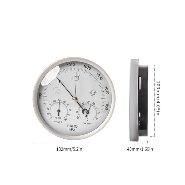 3 i 1 analog väderstation i rostfritt stål Ø132mm - Barometer, termometer, hygrometer