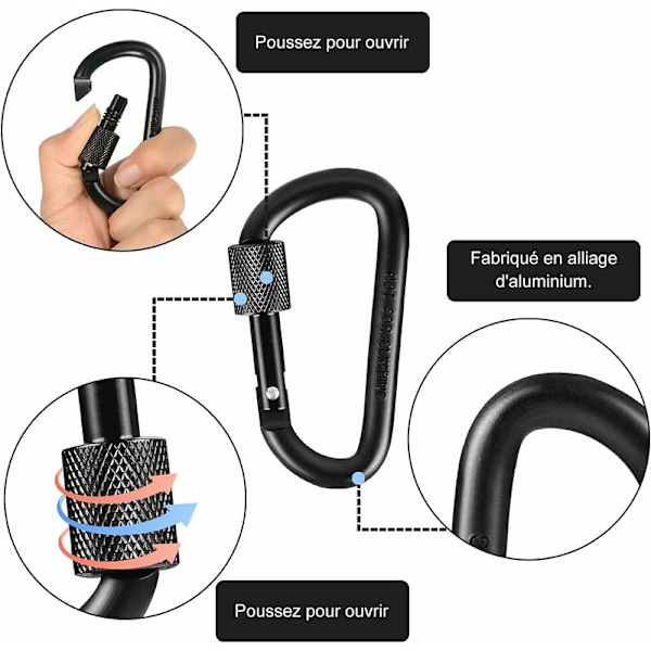 10 stk. Klatrekarabiner Aluminium Karabiner med Skruelåg, Velegnet til Vandreture, Cykling, Reb, Fiskeri, Camping, Telte og Nøglering, Sort 3 x 1.