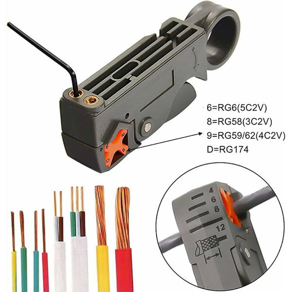 1 stk. Rotationskabelstripper Koaksialkabelstripper til RG6, RG59/62 og RG58 HIASDFLS