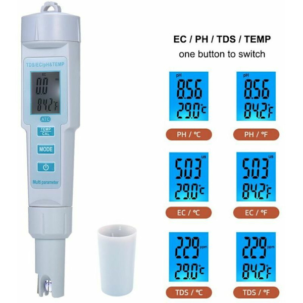 4 i 1 Vattenkvalitetstestare Ph / Ec / Tds / Temperatur Ip55 Mätare Automatisk Avstängning Vattentät Bakgrundsbelyst Display Testare Vit Ph-686