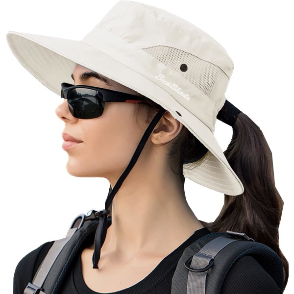 Utendørs anti-UV sammenleggbar solhatt for kvinner Mesh med bred bremmet hestehalehull strandfiskehatt