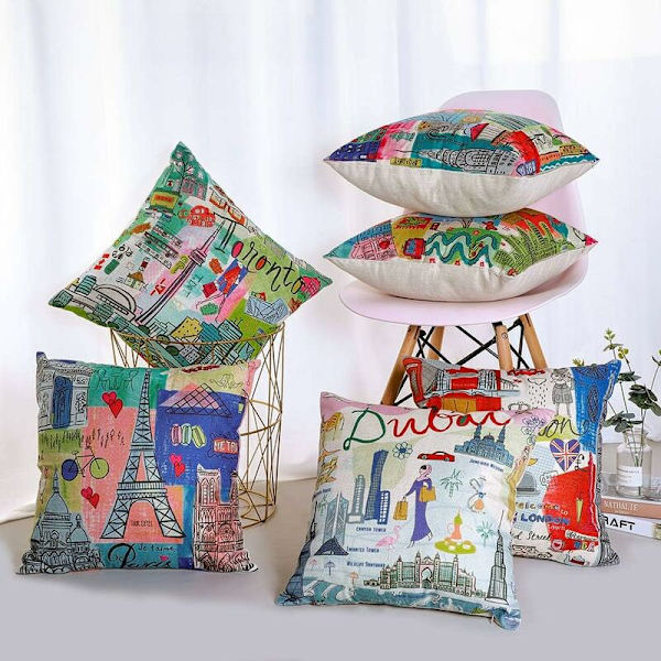 Kuddfodral Vår & Mandala Mönster Kuddeöverdrag för Soffa Hem Vardagsrum Sovrum Heminredning, 45x45cm, Set med 6 stycken (Cartoon City)