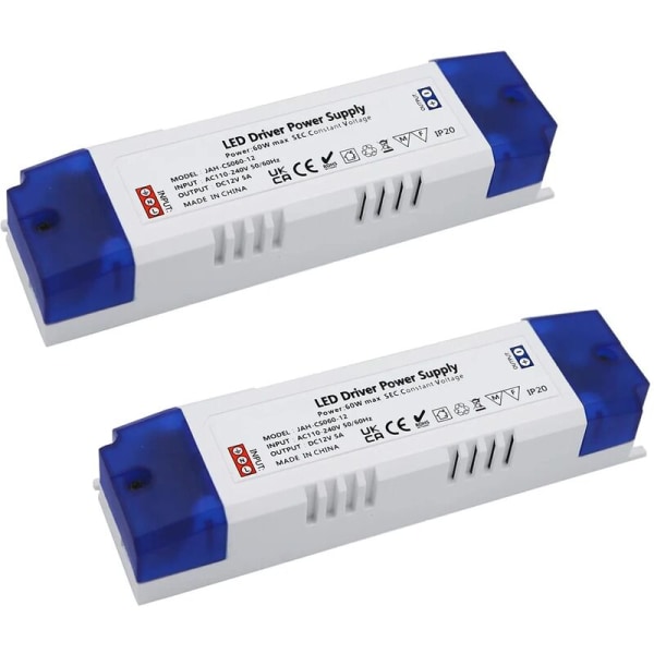5A 60W LED strømforsyning, 60W LED transformer LED driver DC 12V 5A, Universal DC AC reguleret switching strømforsyning 2stk