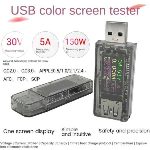 USB-fargeskjermtester -UT 5A 0,96 tommers IPS voltmeter strømkapasitet ladeprotokoll ladertester QC2.0/3.0