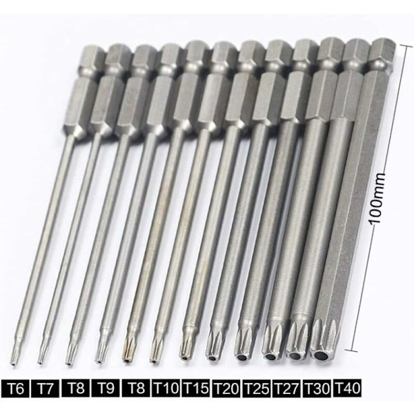 11 pitkän Torx-kärjen sarja ruuvimeisseleille ja sähköruuvimeisseleille - Magneettiset kärjet - 1/4\" kuusiokolovarsi - Koot T6 - T40 - Pituus 100 mm