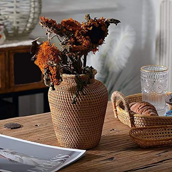 Rattanflätad vas konstvas mode bordsdekoration växter blomkruka trendig blomkruka för heminredning