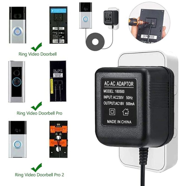 18V 500MA Strømadapter Batterioplader Adapter til Ring Dørklokke Udendørs EU Stik