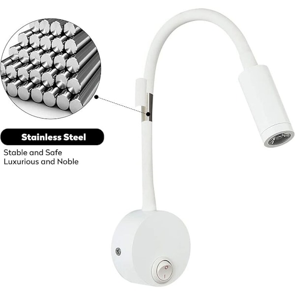 2 stk LED Leselys Veggmontert Aluminium Sølvfarge, Skrivebordslampe Varmt Hvitt Lys Øyevern Design, Sengelampe med Bryter