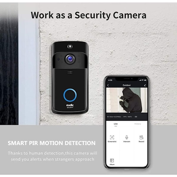 Trådløs WiFi Videodørklokke Kamera [2021 Opgradering] IP5 Vandafvisende HD WiFi Realtids Video Sikkerhedskamera til iOS og Android Telefon natlys