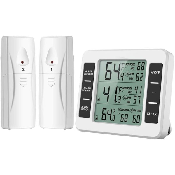 (Ny version) AMIR kylskåpstermometer, trådlös inomhus- och utomhustermometer, temperatursensor med ljudlarm temperaturmätare för frys