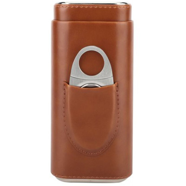 3-Fingers Lädercigarrfodral, Cedarträklädd Cigarrhumidifier med Silverfärgade Rostfria Cigarrklippare