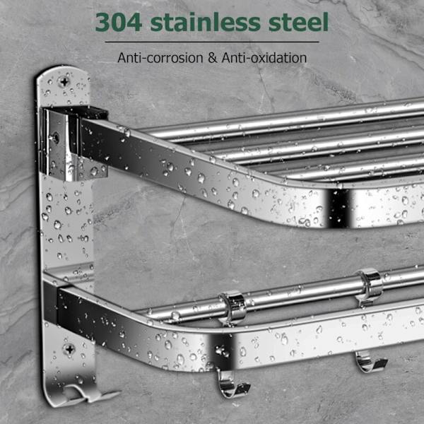 60 cm Foldbar Dobbeltlags Håndklædeholder Rustfrit Stål Væghængt Håndklædeholder Multifunktionel Håndklædehylde med 5 Kroge til Badeværelse - Sølv - 60 x 24