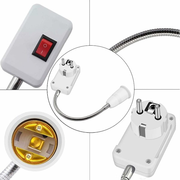 2 kpl E27 LED-lampun pidikkeitä kytkimellä, lampunpidike-adapterimuunnin 5,9 tuuman joustavalla hanalla ja EU-pistokkeella, E27-lampunpidike toimistoon, makuuhuoneeseen
