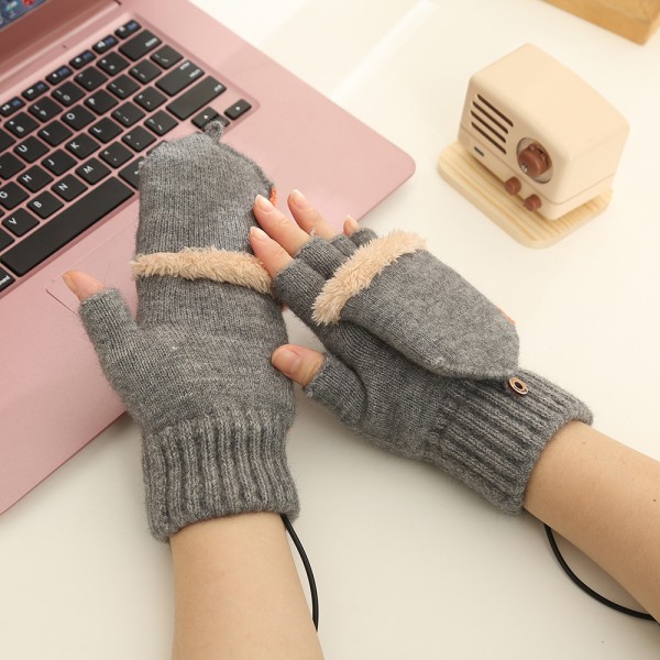USB uppvärmda handskar för män kvinnor, vinteruppvärmda handskar 3 uppvärmningsnivåer, vintervarma laptophandskar stickade uppvärmd värme, bästa vinterpresenten - grå