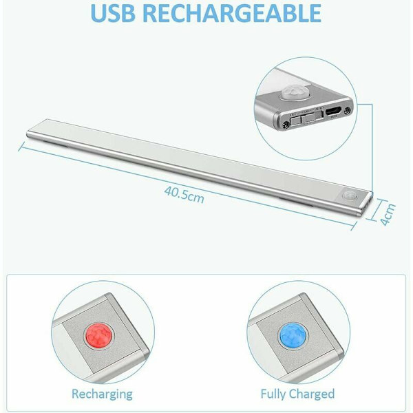 USB-ladbare LED-lys under skap, 2500mAh 40cm dimbar skaplampe bevegelsessensor LED-list trådløs ladbare batteridrevet PIR