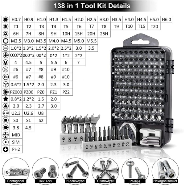 138 osassa Mini Precision -ruuvimeisselisetti - Työkalut Pieni laatikko Torx -ruuvimeisseli Tietokone Kannettava tietokone Purkaminen Macbookille, iPhonelle, Korjaukselle, Laseille, DIY