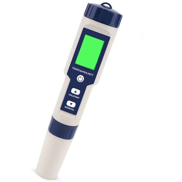 5-in-1 elektroninen pH-mittari, mittaa pH:n, TDS:n, EC:n, suolapitoisuuden ja lämpötilan vedenlaaduntestaaja, LCD-näyttö ja lukematarkkuus, juomavedelle
