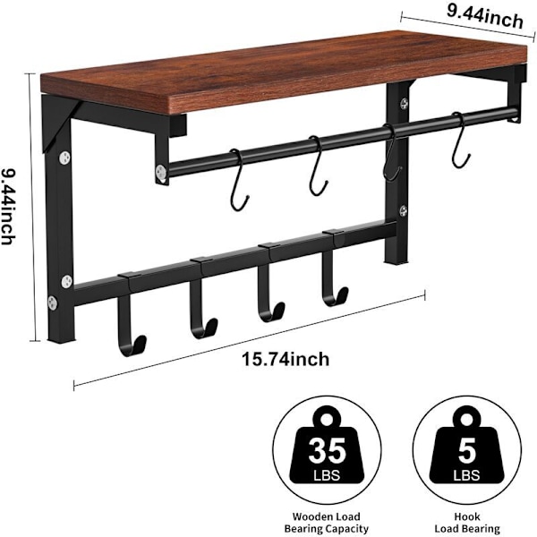 Seinäteline - Seinähylly 8 Koukulla, Ripustushylly Metallisella Tangolla, Teollinen Tyyli - RWCoat Rack