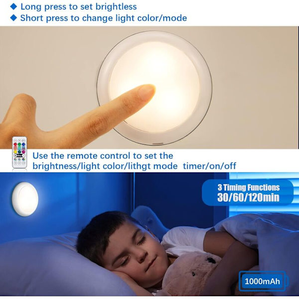 Skåpsbelysning RGBW Laddningsbara Spotlights 1000mAh Batteri 16 Färglägen LED Nattlampa med Fjärrkontroll för Sovrum Kökskåp Garderob