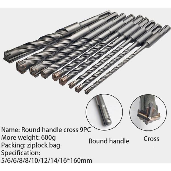 9 stk. 160 mm SDS plus murværksbor sæt multi-point dobbelt spiral hammer sæt