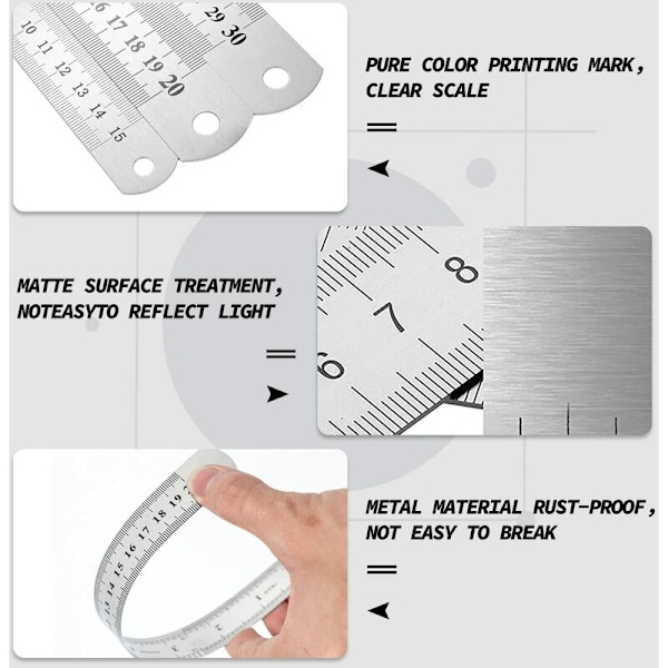 3 st rostfritt stål precisionslinjal metall rak linjal set 15cm(6''), 20cm(8''),30cm(12'') silver rostfritt stål linjal