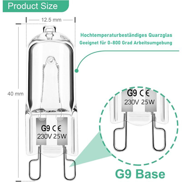 G9 Pære 25W 230V Dimbar Varm Hvit, G9 Halogen Pære 300°C Toleranse, G9 Ovns Pære for Mikrobølgeovn Komfyr Taklamper, Pakke med 12 [Energi Kl