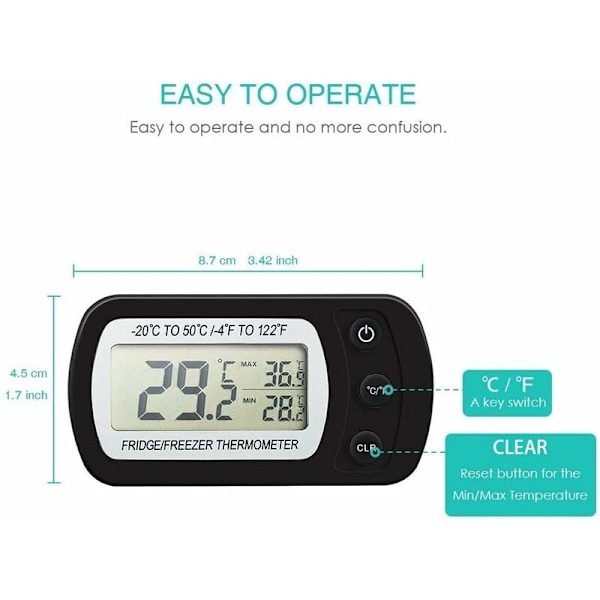 Digital KylskåpsTermometer, Vattentät FrysTermometer med Hängare, Lättläst LCD-Skärm, Max/Min-Registreringsfunktion, Perfekt för Hem, Re