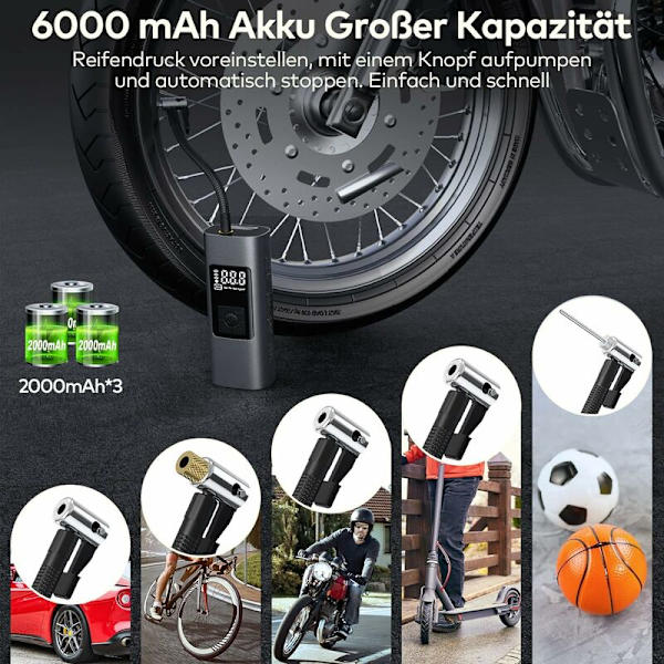 6000mAh Mini sähköinen ilmapumppu, kannettava ilmakompressori langaton rengaspuhallin 150PSI digitaalisella LCD-näytöllä, sähköinen polkupyörän pumppu LED-lampulla