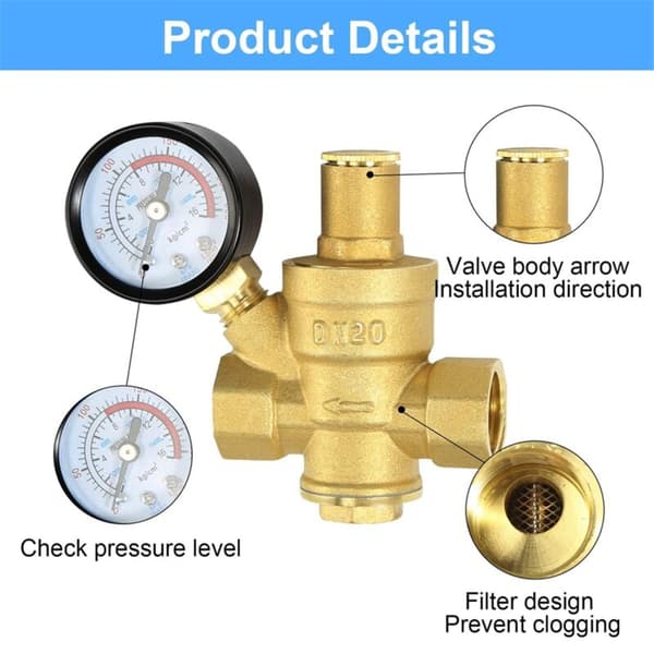 3/4 tums tryckregulator med tryckmätare, justerbar tryckreducerare för DN20 tryckregulator