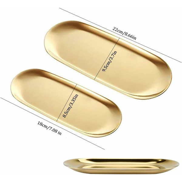 2 stk. Guld Bakke - Nordisk Stil Rustfrit Stål Opbevaringsbakke Frugtbakker Kosmetisk Smykkearrangør, Gave til Mor, Gylden, Oval (2 Størrelser)-
