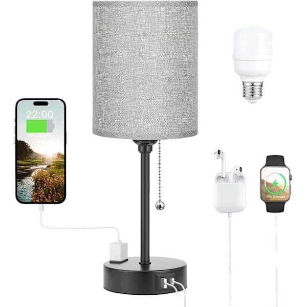 Bordslampor med 3 Färgtemperaturer - 2700K 3500K 5000K Sänglampor med USB-C och A-portar, Ljuskedjor för Sovrum med AC-uttag, Sänglampor