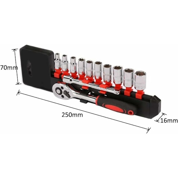 12-osainen 1/4 tuuman räikkäavainsarja, mekaanikon työkalusarja ja hylsyt, joissa pikavapautusmekanismi, käännettävä räikkäkahva ja jatkovarsi