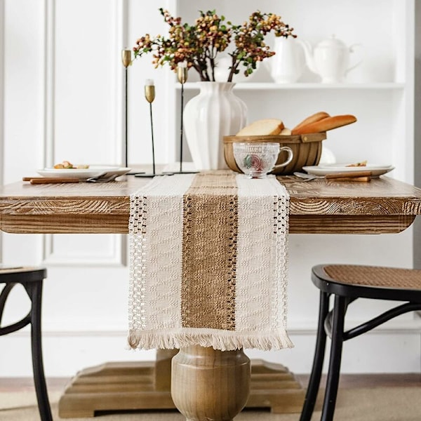 Bomuld Linned Makramé Bordløber Burlap Bordløber med Kvaster til Spisestue Borddekoration Hjem Fest Bryllup Bohemian Jul, 30 x 275