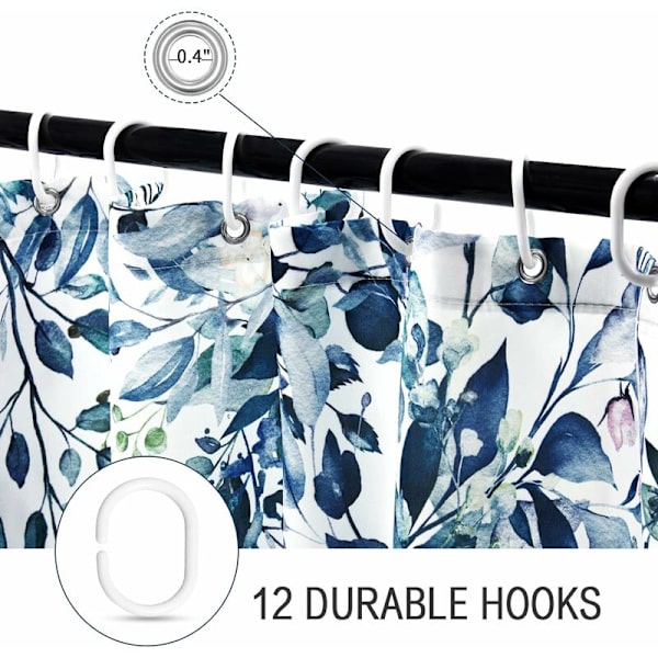 Blå Eucalyptus Duschdraperi, Akvarell Växtblad med Blommig Badrum Duschdraperi Set med Krokar, 72x72