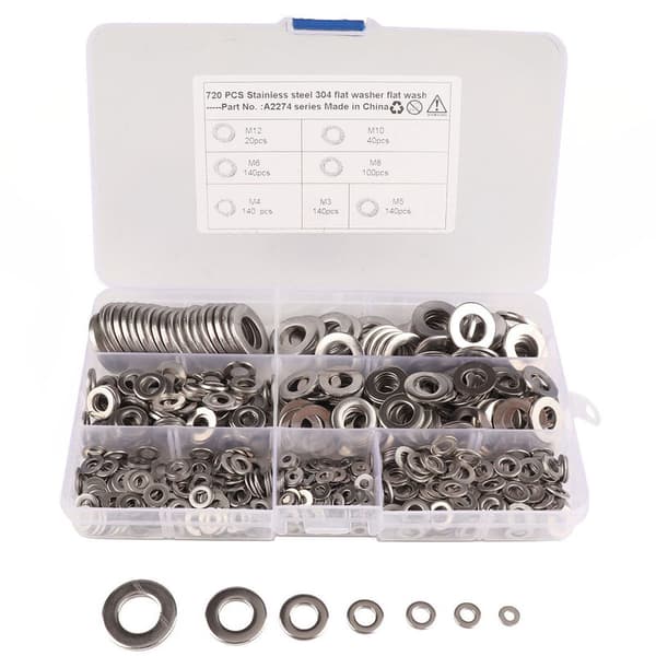 720 stk. rustfrit stål flade skiver hardware sæt 7 størrelser M3 M4 M5 M6 M8 M10 M12