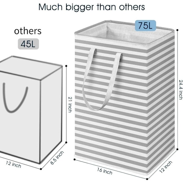 75L Suuri Taitettava Pyykkikori Raidallinen Vaatteiden Säilytyskori Järjestäjälaukku Laajennetulla Kahvalla - Harmaa