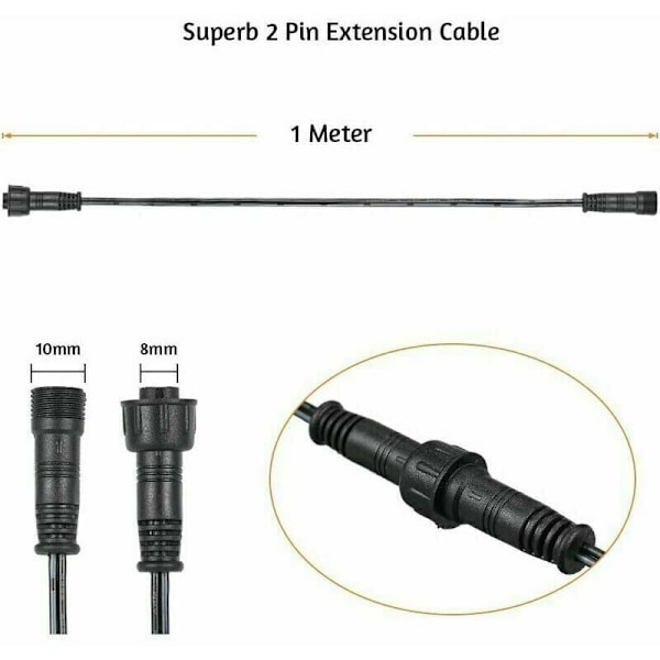 Jatkokaapeli, 10 kpl, upotettaville LED-spoteille, vedenkestävä IP67, 1 m / 3,3 jalkaa, 2-napainen, uros- ja naarasliittimillä.