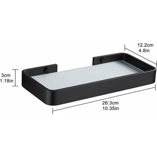 Badeværelseshylde i hærdet glas, ingen boring, rektangulær brusehylde, sort (26 cm)