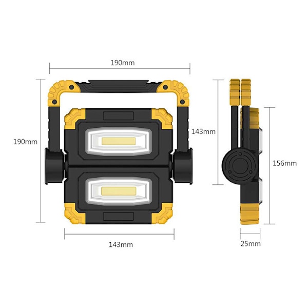 Genopladelig LED-projektør, arbejdslampe med 2 COB-forlygter, 3 tilstande, 20W 5000 mAh eksternt batteri, foldbar LED-byggeplads-projektør med