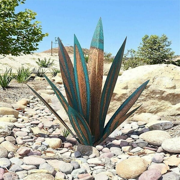 Tequila Ornament Rustikk Metall Agaveplante Skulptur Hjemmedekor Rustikk Håndmalt Metall Agave Hage Ornament Plen Dekor, 21 Tommer/55cm, Blå..