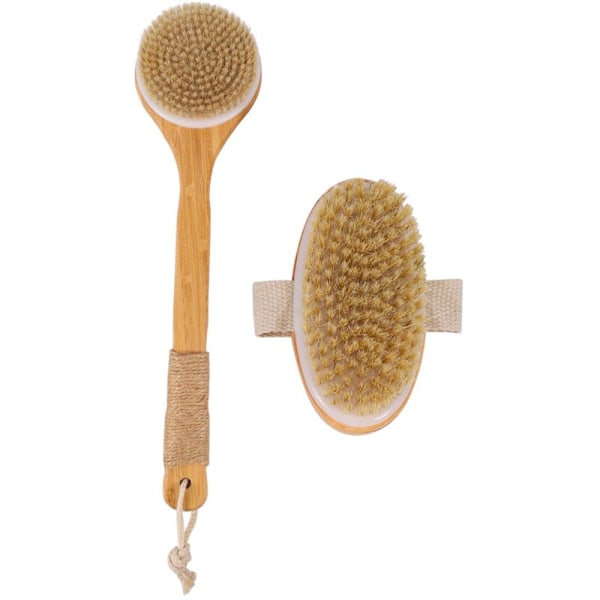 Wooden Bath Brush Set of 2, Body Massage Bristle Bath Brush Dry Brush Exfoliating Long Handle Wooden Shower Brush