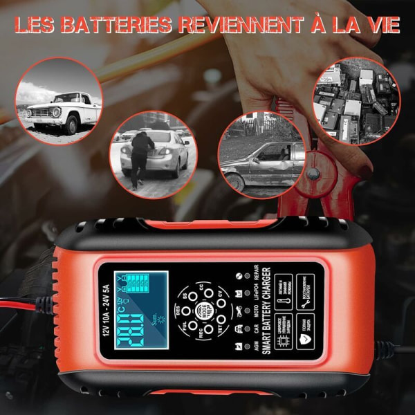 Intelligent Batterilader 10A 12V/24V LiFePO4 Batterilader til Bil Motorcykel Automatisk Auto Vedligeholdelseslader med LCD-skærm Reparationsfunktion til Ca