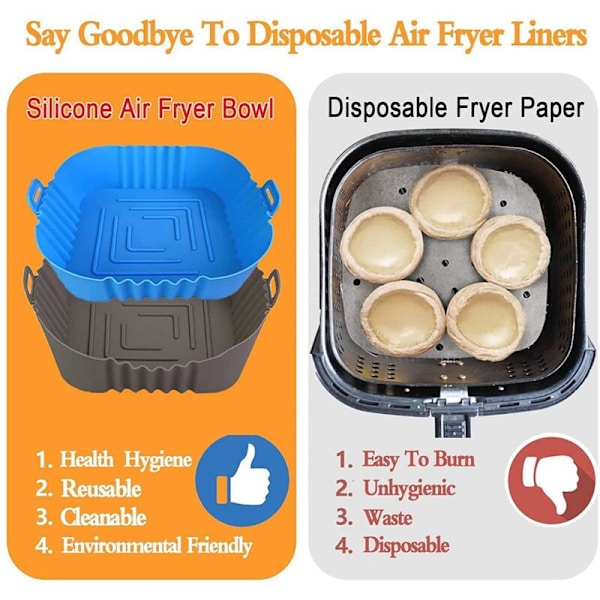 Silikonform för Airfryer, Återanvändbara Airfryer-Foder 8,5 Tum, Kvadratiska Airfryer-Tillbehör, Silikon (Grå + Blå)