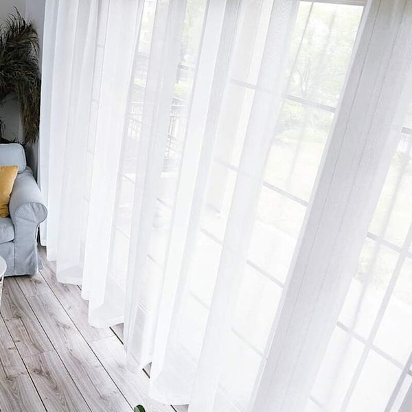 Korte, halvt transparente gardiner med øjer i linnelook - gardiner, slør til stue, soveværelse, børneværelse, hvid 220×140cm (H×B
