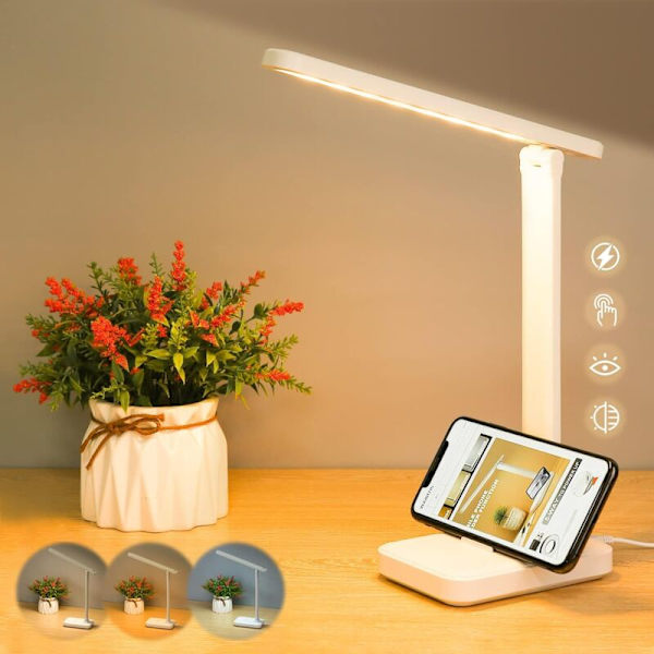 LED-skrivbordslampa med pekkontroll för läsning, flimmerfri, 3 färglägen för ögonskydd, med USB-port/vikbar/uppladdningsbar bordslampa 4800mA