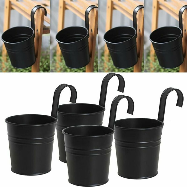 Set of 4 Black Iron Hanging Planter Pots with Removable Hook for Outdoor Indoor Outdoor