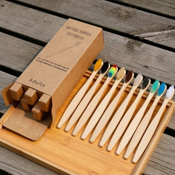 Set med 10 bambu tandborstar, 10 färger bambu tandborste, naturliga mjuka borst, ekologiska och biologiskt nedbrytbara